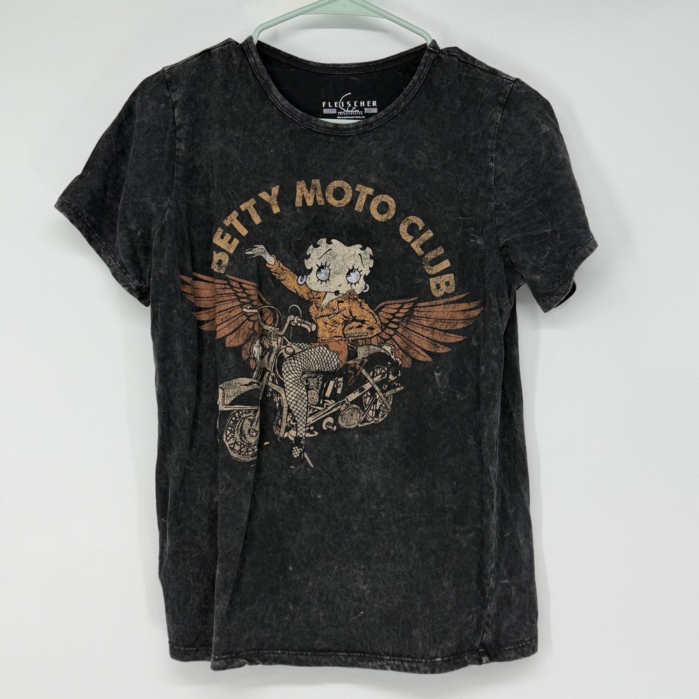 Fleischer Studios Betty Boop Moto Club Biker Graphic Tee Acid Wash Black XL